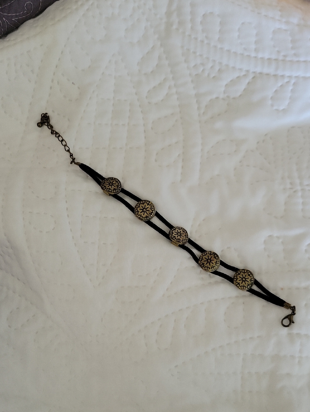 Vintage-Inspired Black Cord Bracelet with Brass Medallions